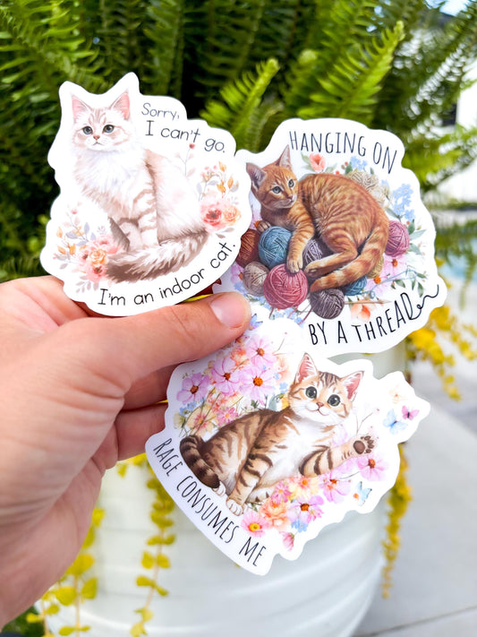 Cat Stickers snarky & witty  - Indoor Cat animal stickers, Waterproof vinyl, smooth matte finish die cut decals (Set of 3) hanging on by a