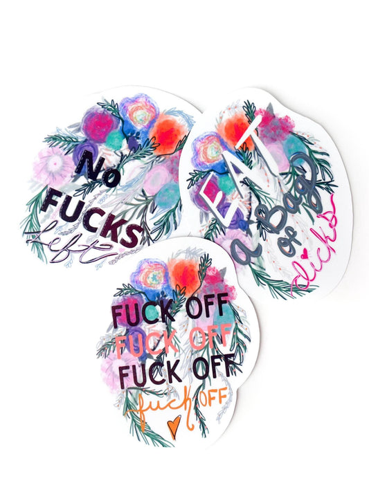 Funny swear word Sticker set (3) Floral Swear Word art stickers hand drawn vinyl sticker one of a kind art pretty profanity gifts for friend
