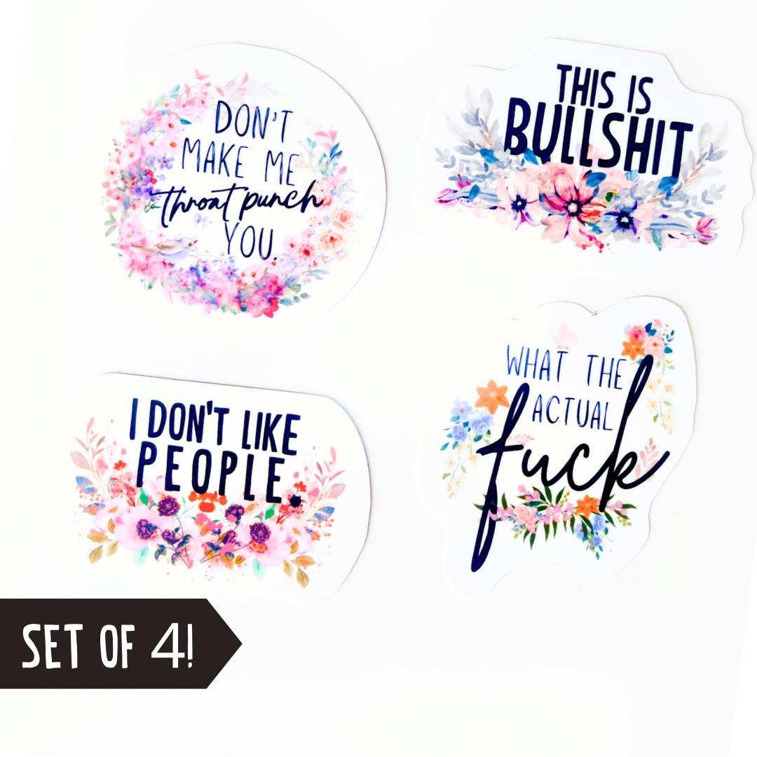 Funny Profanity Sticker Set: Floral Office Humor, Laptop Decals