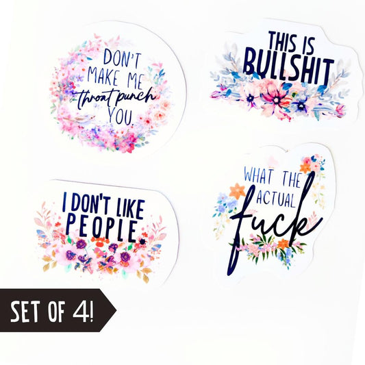 Funny Profanity Sticker Set: Floral Office Humor, Laptop Decals