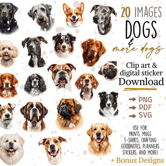 Dog Breed Clipart: 20 PNG, SVG Designs for Mugs, T-shirts (Digital Download)