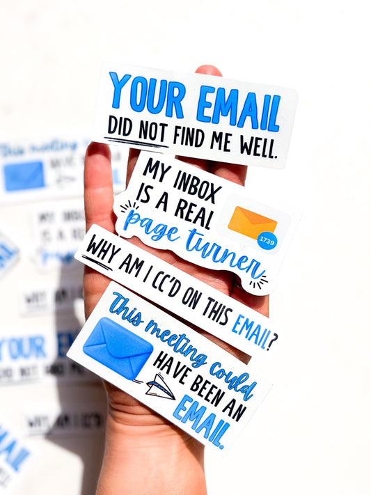 Funny Office Email Stickers (4-Pack), Work Humor Vinyl Decals for Laptops, Water Bottles