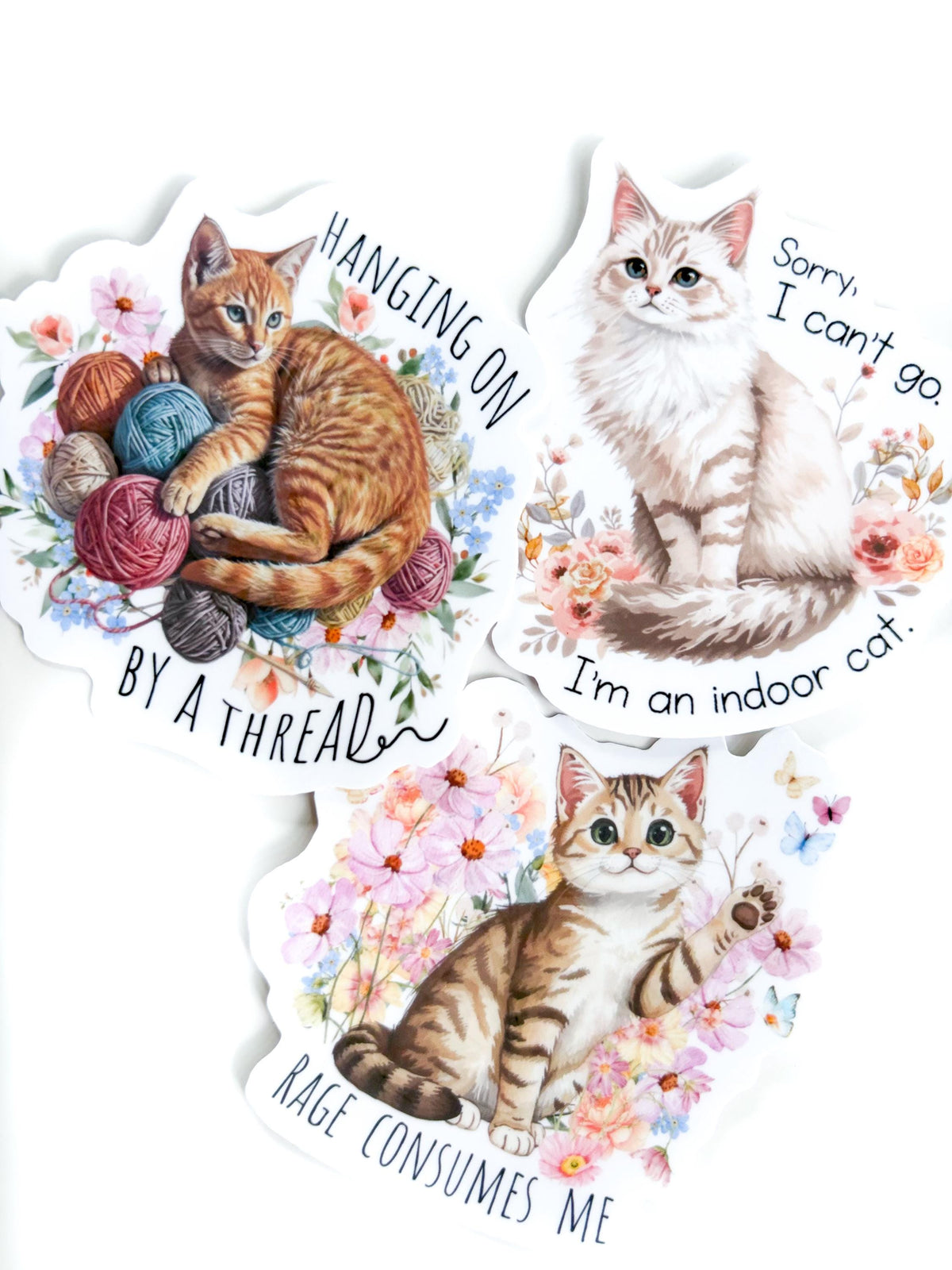 Cat Stickers snarky & witty  - Indoor Cat animal stickers, Waterproof vinyl, smooth matte finish die cut decals (Set of 3) hanging on by a