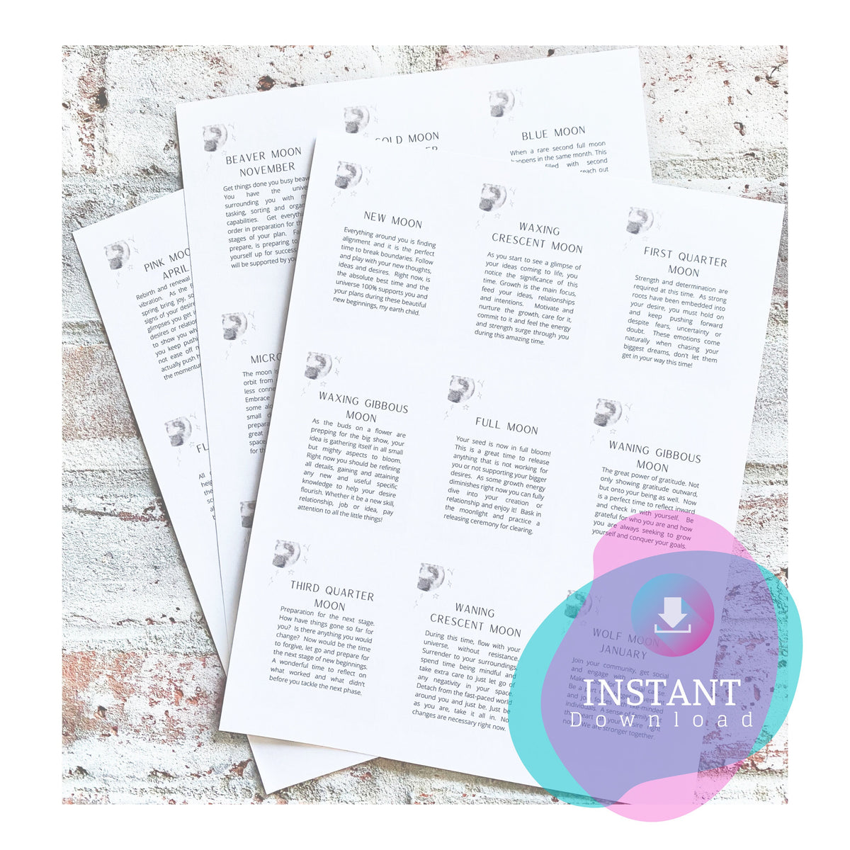 Moon Phase Printable Oracle Cards | 27-Card Deck