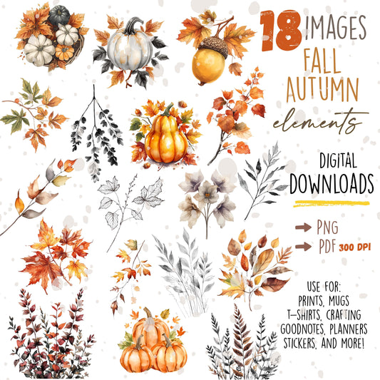 Fall Clipart Bundle: 18 Watercolor Autumn PNGs (Digital Download)