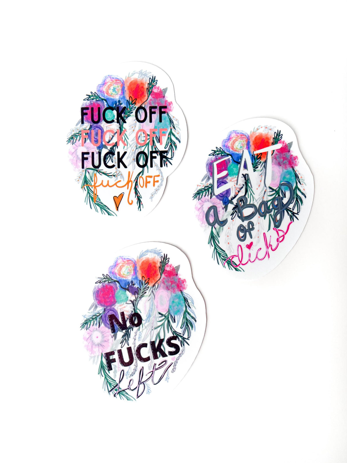 Funny swear word Sticker set (3) Floral Swear Word art stickers hand drawn vinyl sticker one of a kind art pretty profanity gifts for friend