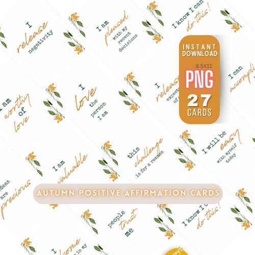 Autumn Affirmation Cards, Printable Affirmation Deck, Digital Oracle Cards, Self Care Gift, DIY Mental Health, Daily Affirmations 8.5x11 PNG