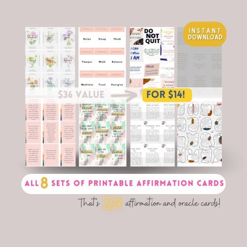 Printable Oracle Cards bundle – 264 Cards positive daily affirmation cards, motivational quotes, Instant Download, kids affirmations, tarot