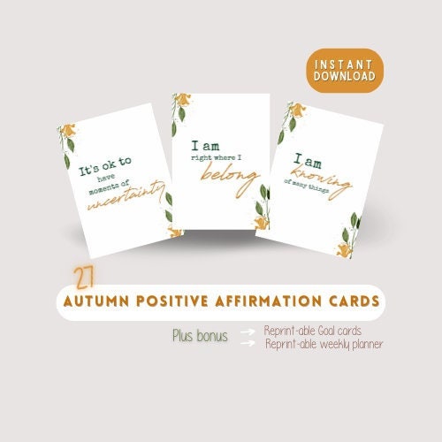 Autumn Affirmation Cards, Printable Affirmation Deck, Digital Oracle Cards, Self Care Gift, DIY Mental Health, Daily Affirmations 8.5x11 PNG