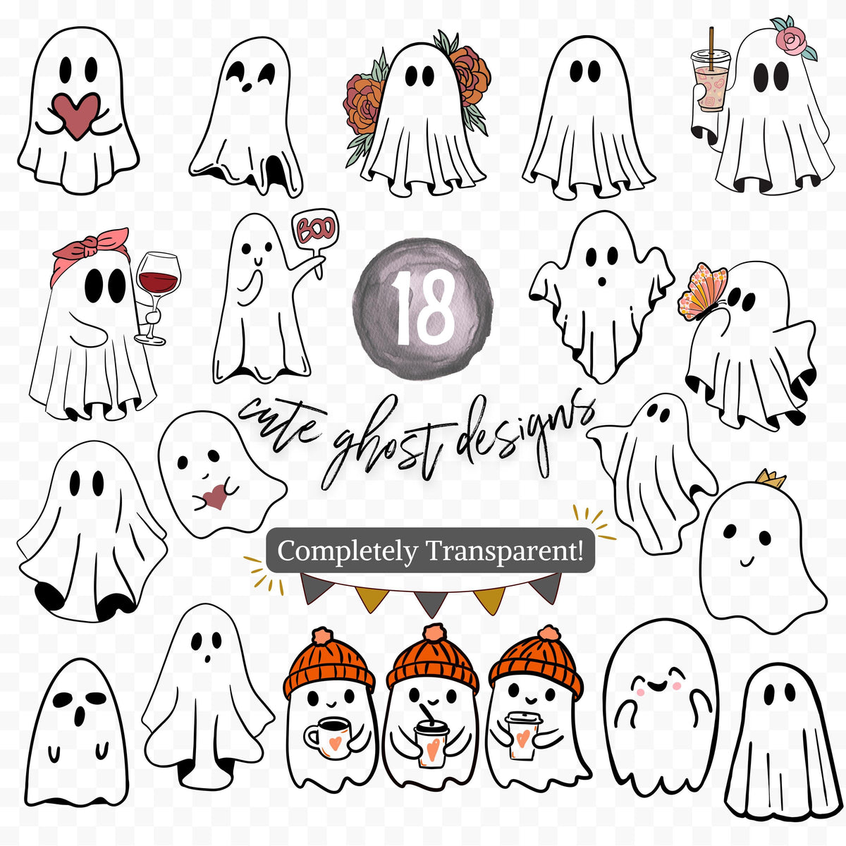 Cute Ghost Clipart Bundle | 18 Designs + 5 Bonus