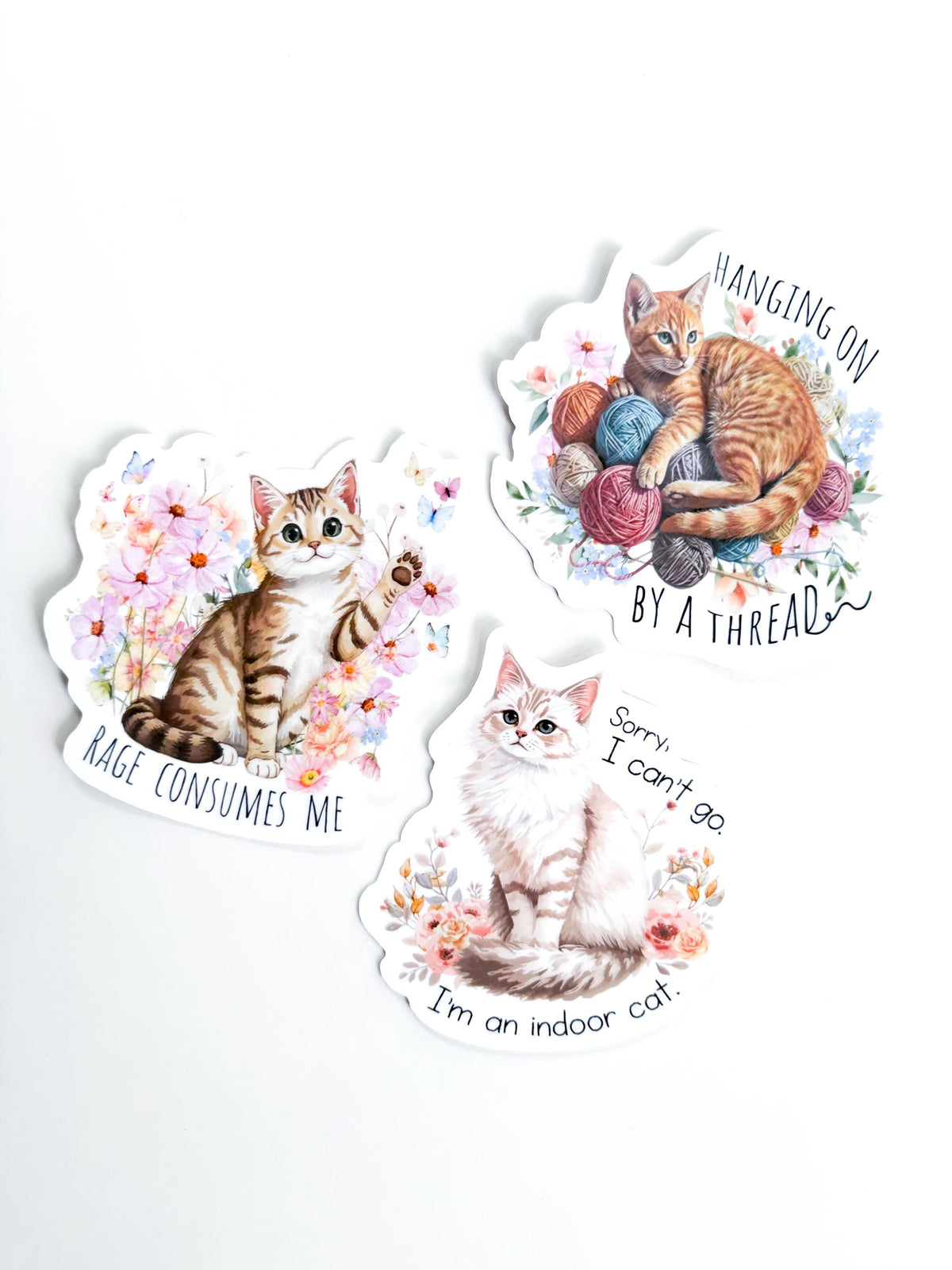 Cat Stickers snarky & witty  - Indoor Cat animal stickers, Waterproof vinyl, smooth matte finish die cut decals (Set of 3) hanging on by a