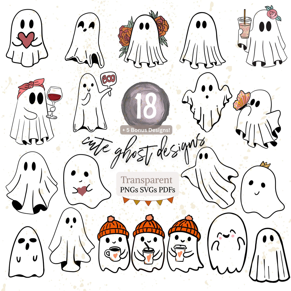 Cute Ghost Clipart Bundle | 18 Designs + 5 Bonus