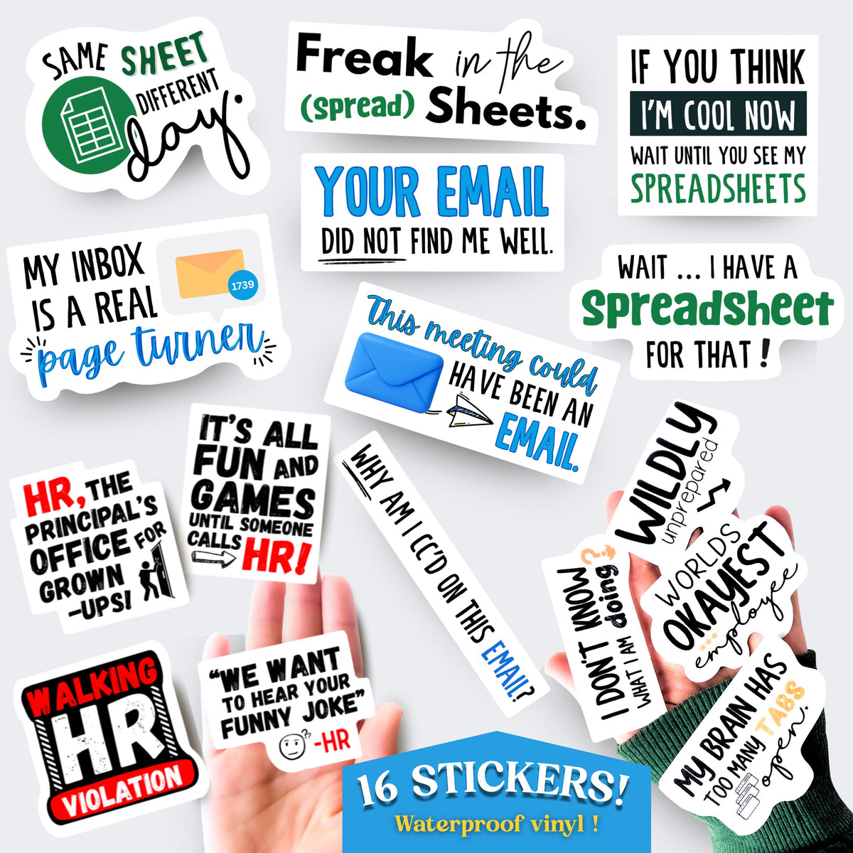 Funny Office Sticker Bundle 16pc, Spreadsheet Humor Gift Set, Retirement Gift, HR Gift, Coworker Boss Gift, Employee Gag Gift, Laptop Decal