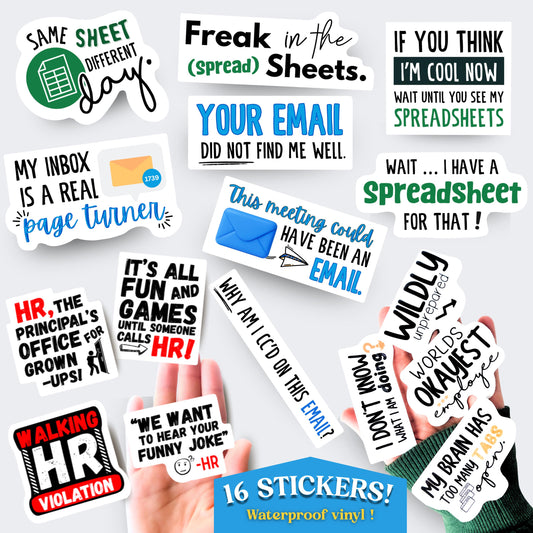 Funny Office Sticker Bundle 16pc, Spreadsheet Humor Gift Set, Retirement Gift, HR Gift, Coworker Boss Gift, Employee Gag Gift, Laptop Decal