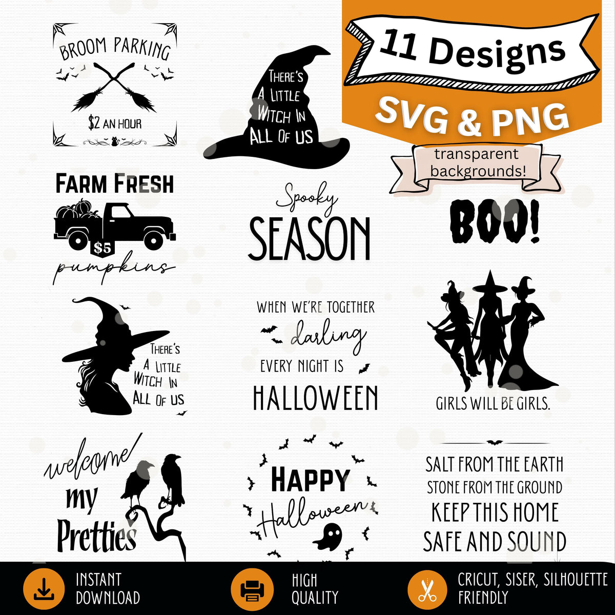 Halloween Wood Sign SVG PNG Bundle, 11 Square Halloween Designs, Farmhouse Porch Sign Decor, Transparent PNG, Cricut Silhouette Cut Files