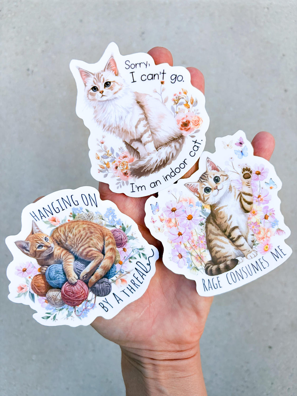 Cat Stickers snarky & witty  - Indoor Cat animal stickers, Waterproof vinyl, smooth matte finish die cut decals (Set of 3) hanging on by a