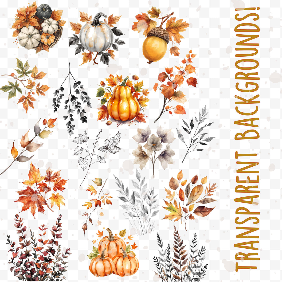 Fall Clipart Bundle: 18 Watercolor Autumn PNGs (Digital Download)