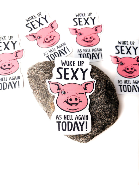 Funny Pig Sticker "Woke Up Sexy As Hell Again Today!" Waterproof Vinyl Sticker Pig pink Laptop Sticker Water Bottle stickers Linen top coat