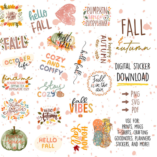 Autumn digital Stickers Fall Leaves, Pumpkins, Tea cozy PNG, SVG, PDF digital downloads die cut set up T-shirt transparent background design