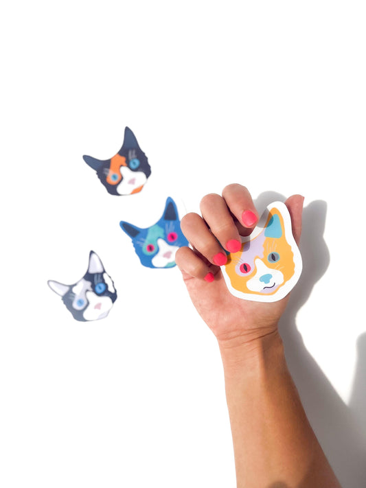 Cute Cat Sticker set: 4 Glossy Vinyl cat lover gift stickers animal theme kids gifts under 10 stocking stuffers