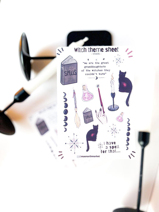 Witch Sticker Sheet: Fall Planner Stickers, Black Cat (5x7 in)