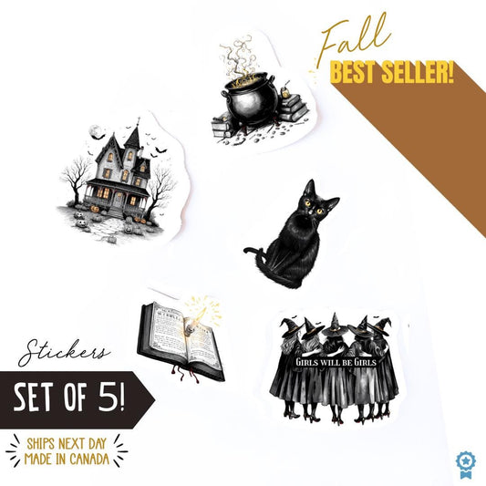 Spooky Witch Sticker Pack: Black Cats, Halloween Theme - Set of 5